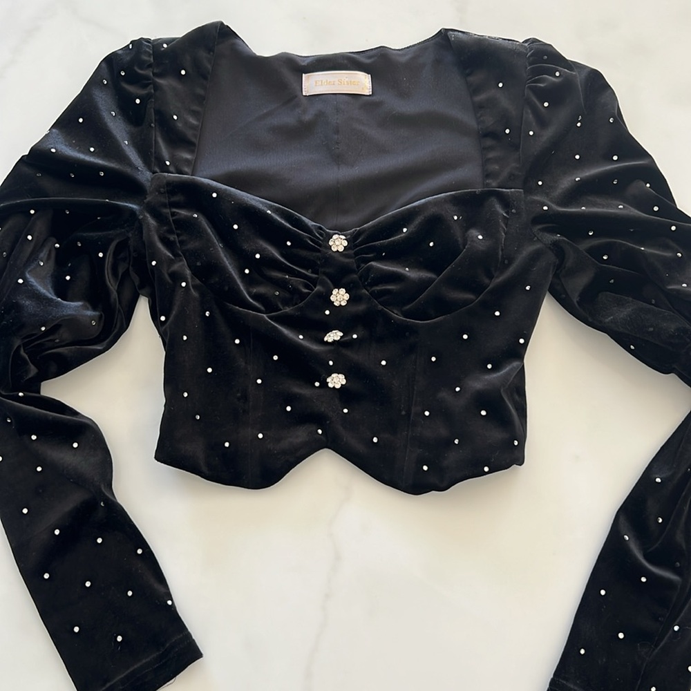 Black Velvet Top with Rhinestones - Vintage